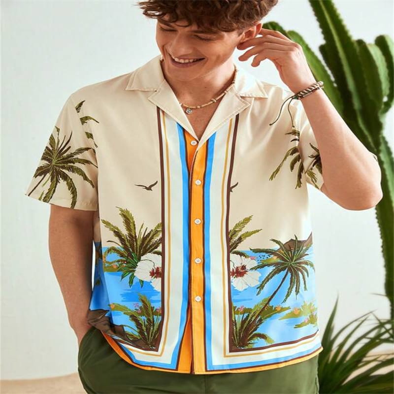 2024 Hot Sale Men's Lapel Short Sleeve Hawaiian Shirt Fashion Trend Floral Print Casual Cardigan Summer Lace Holiday Shirt