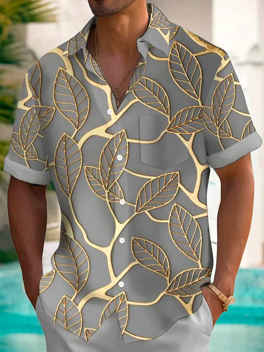 2024 Hawaiian Botanical Gold Leaf Print Men's Button Men's Shirt Summer Hawaiian Turndown Button Short Sleeve Fashion Street
