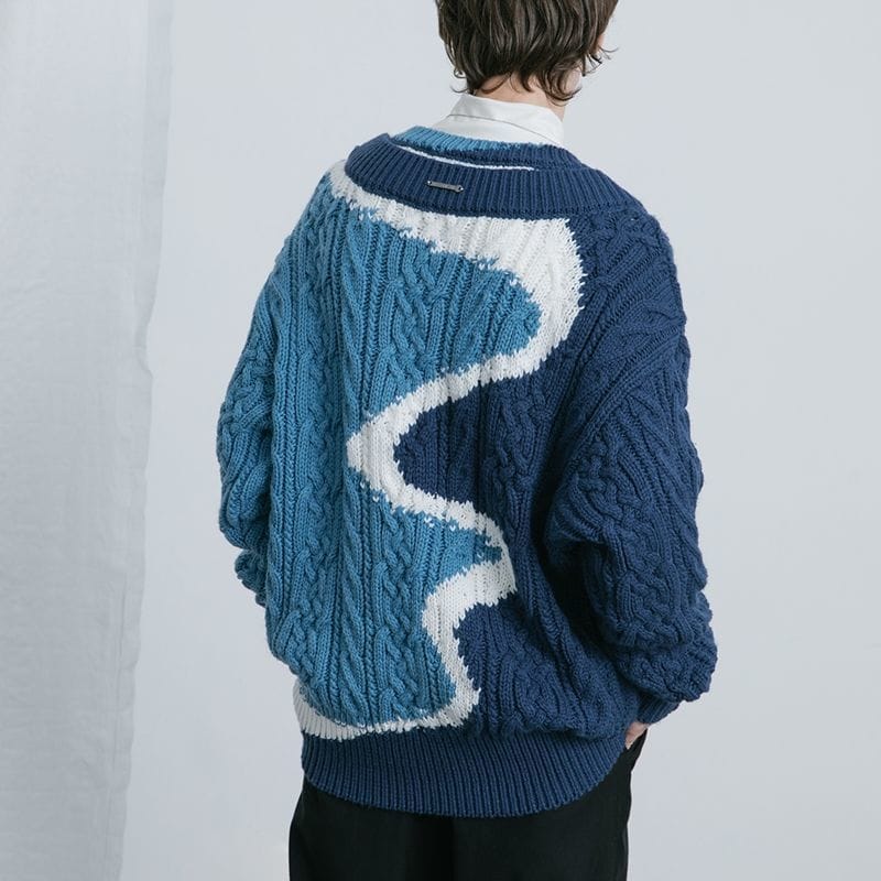 Korean style men's sweater ins sweater personalized stitching blue oil painting contrast sweater round neck long-sleeved top
