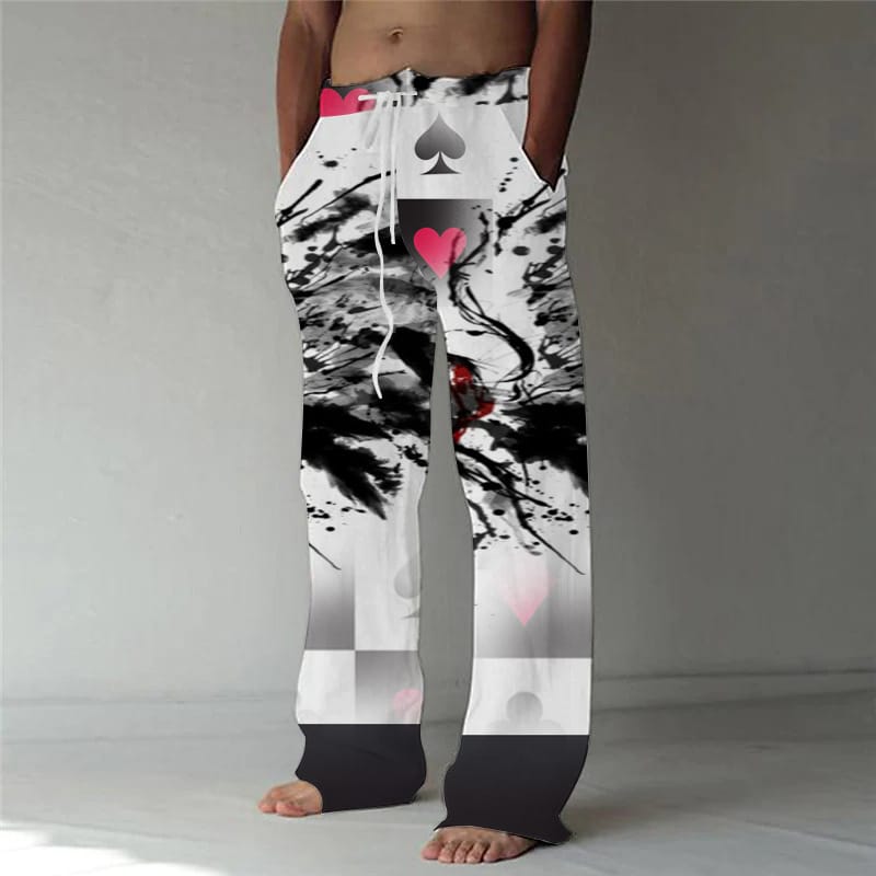 Men's fashion straight leg pants 3D printed with drawstring design at the waist, front pocket pants, casual poker creative print