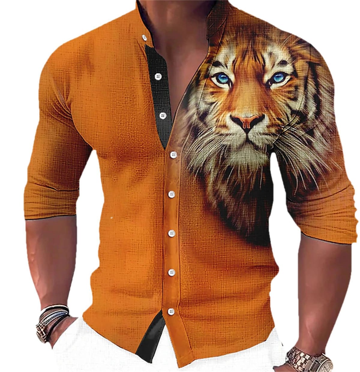 Tiger Print Stand Up Collar Long Sleeved Shirt Men's Beach Long Sleeved Summer Shirt Slim Fit Single Breasted Top MB1