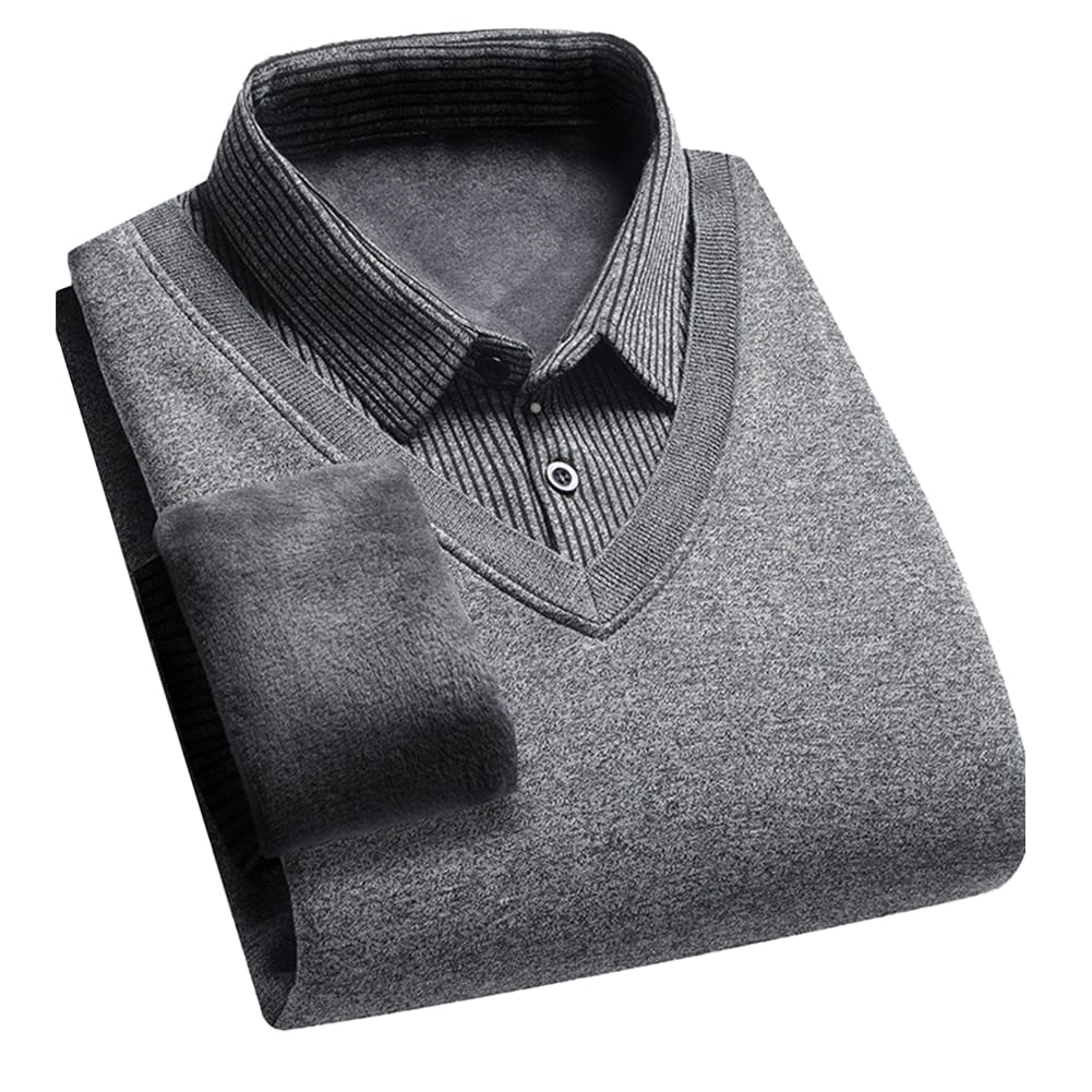 Fashion Men's Winter Sweaters Fake Two-piece Shirts Collar Pullovers Warm Solid Color Fleece Lined Casual Sweater Coats Clothing