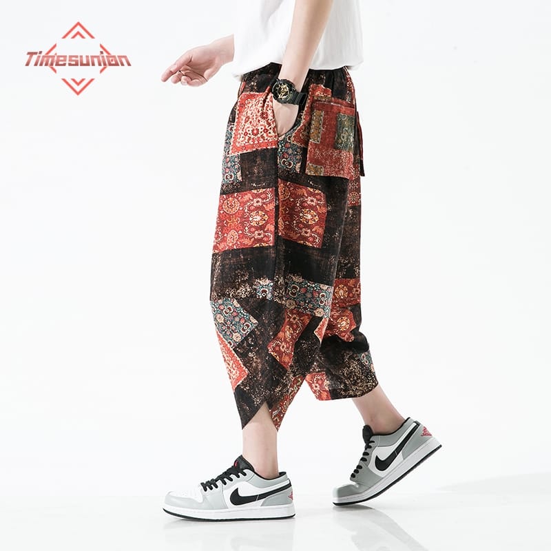 Summer Harajuku Calf-length Pants Casual Men's Pants Wide Leg Cotton Linen Printing Harem Baggy Pants Fashion Men's Clothing