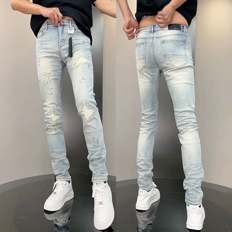 2024 Jeans For Man Classic Patchwork Light Blue Stretch Ripped Denim Pants High Quality Slim Fit Stretch Hip Hop Men's Clothing