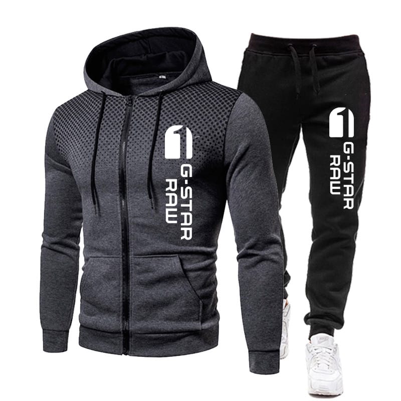 2024 Fall Winter Zipper Fleece Men's Tracksuit G-STAR RAW Print Hoodies Pants 2pcs Sets Sportswear Leisure Men Clothing