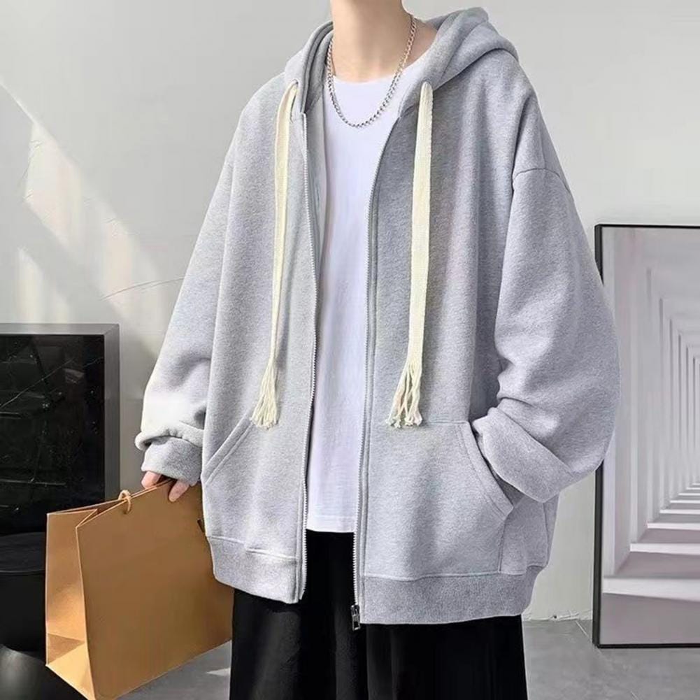 Men Hoodie Stylish Men's Fleece-lined Hoodie Cozy Autumn/winter Coat with Zipper Placket Pocket Solid Color Hoodie