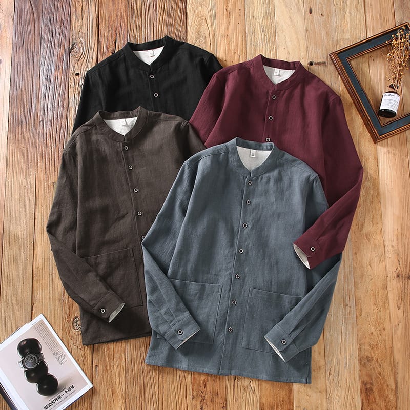 2024 Autumn New Chinese Stand Collar Shirts for Men Pockets Loose Style Workwear Jackets Men's Retro Ramie Clothes Vintage Coats