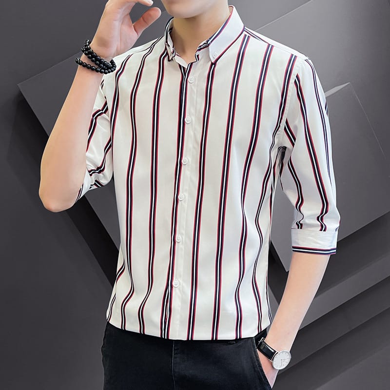 Summer Men's Short Sleeve Vertical Stripe Shirt Oversized Business Slim Casual Top Fashion Versatile Flip Collar Workwear Shirt