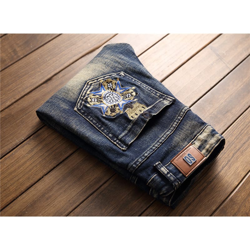 High-end personalized design embroidered men's jeans handsome party retro hole patch Stretch Slim biker pants men's pants