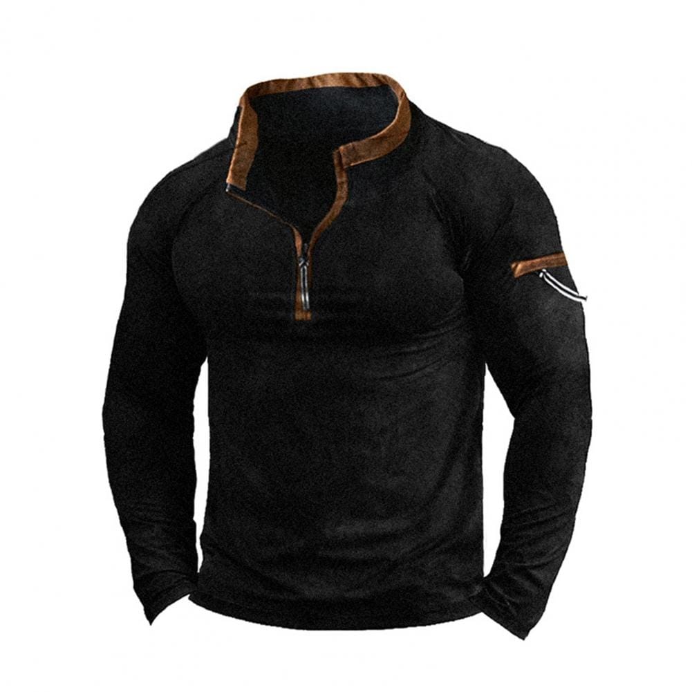 Men Sweatshirt Men's Fall Winter Stand Collar Zipper Sweatshirt Thick Warm Casual Pullover with Patchwork Design Loose Fit Men