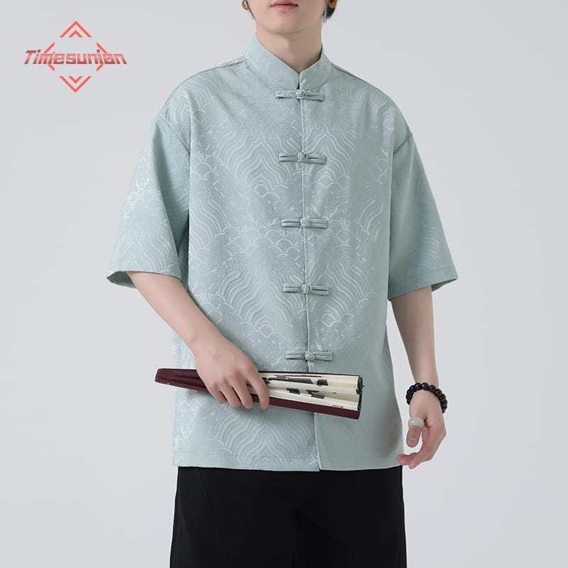 Summer Men's Disc Buckle Kung Fu Shirt Top Plus Size Men's Short Sleeve Shirt Elegant Tang Jacquard Gentleman Shirt