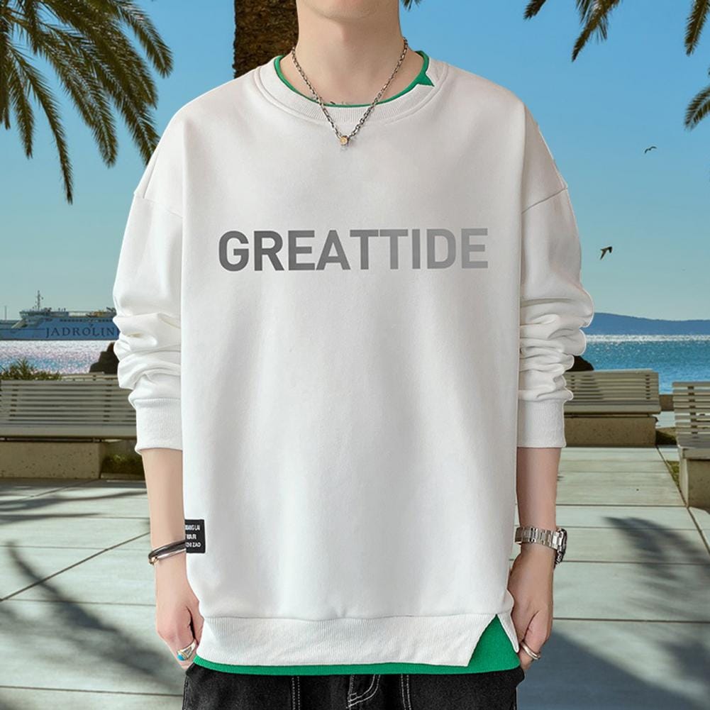 Casual Sweatshirt Men's Letter Print Fake Two-piece Sweatshirt with Elastic Cuff Hem for Fall Winter Casual Wear Long Sleeve