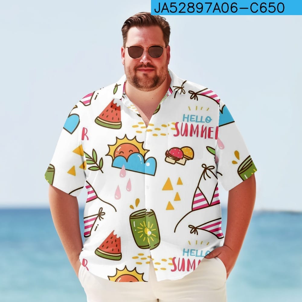 Casual Retro Lapel Top Fashion Men's Hawaiian Short Sleeve Beach Shirt  Summer White Print Street Wear