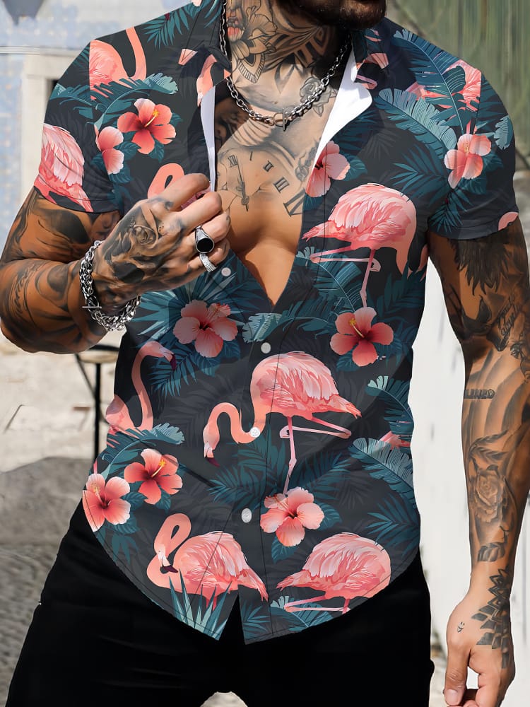 Flamingo 3D Digital Printing Hawaiian Shirt Summer Short -sleeved Shirt Clothing Fashion Trend Men's Vacation Casual Shirt