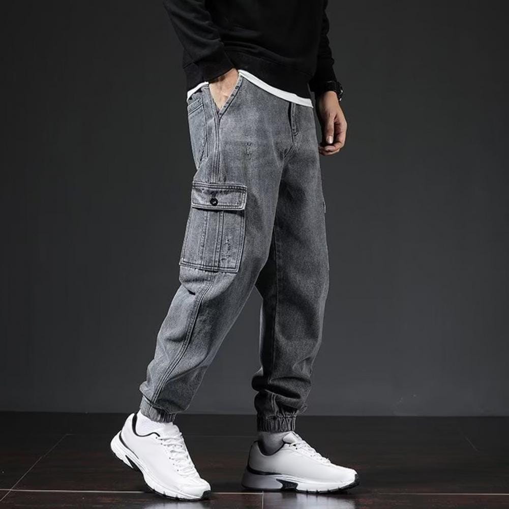 Solid Color Trousers Multi Pocket Men Trousers Retro Streetwear Men's Cargo Pants with Ankle-banded Elastic for Comfortable