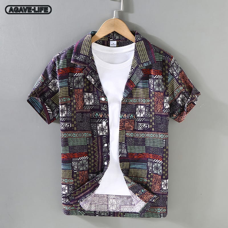 Spring Summer Cuban Collar Vintage Short Sleeve Cotton Linen Shirts Hawaiian Print Thin Linen Shirt Men's Comfortable Beach Tops