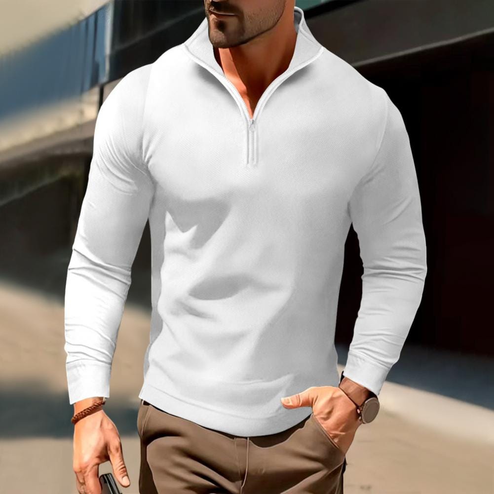 Solid Color Sweatshirt Men's Zipper Stand Collar Long Sleeve Shirt Soft Slim Fit Pullover for Fall Spring Simple Style Formal