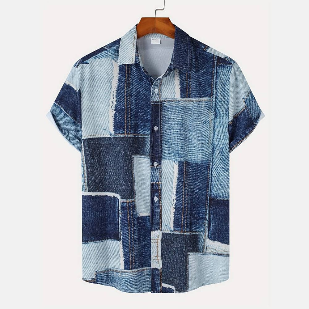 Men's Hawaii Shirt 2024 Summer Lapel Denim Patchwork Print Men's Shirt Casual Fashion Short Sleeve T Shirt Vintage Fun Menswear