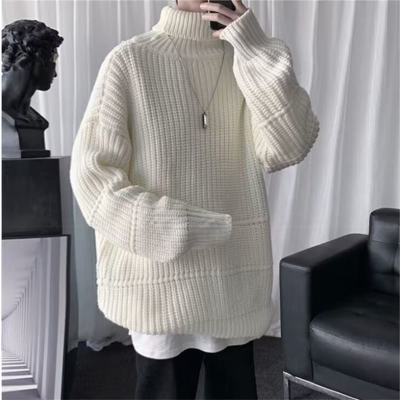 Men's Turtleneck Sweaters Casual Streetwear Solid Color Loose Knitted Sweater Male Pullovers Autumn Winter Men Clothing