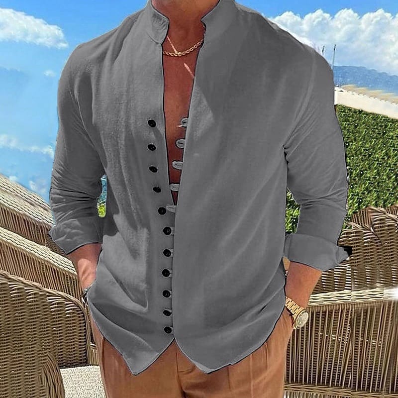 2024 New Men's Vintage Cotton And Linen High-Grade 11-Button Casual Loose Long-Sleeved Shirt