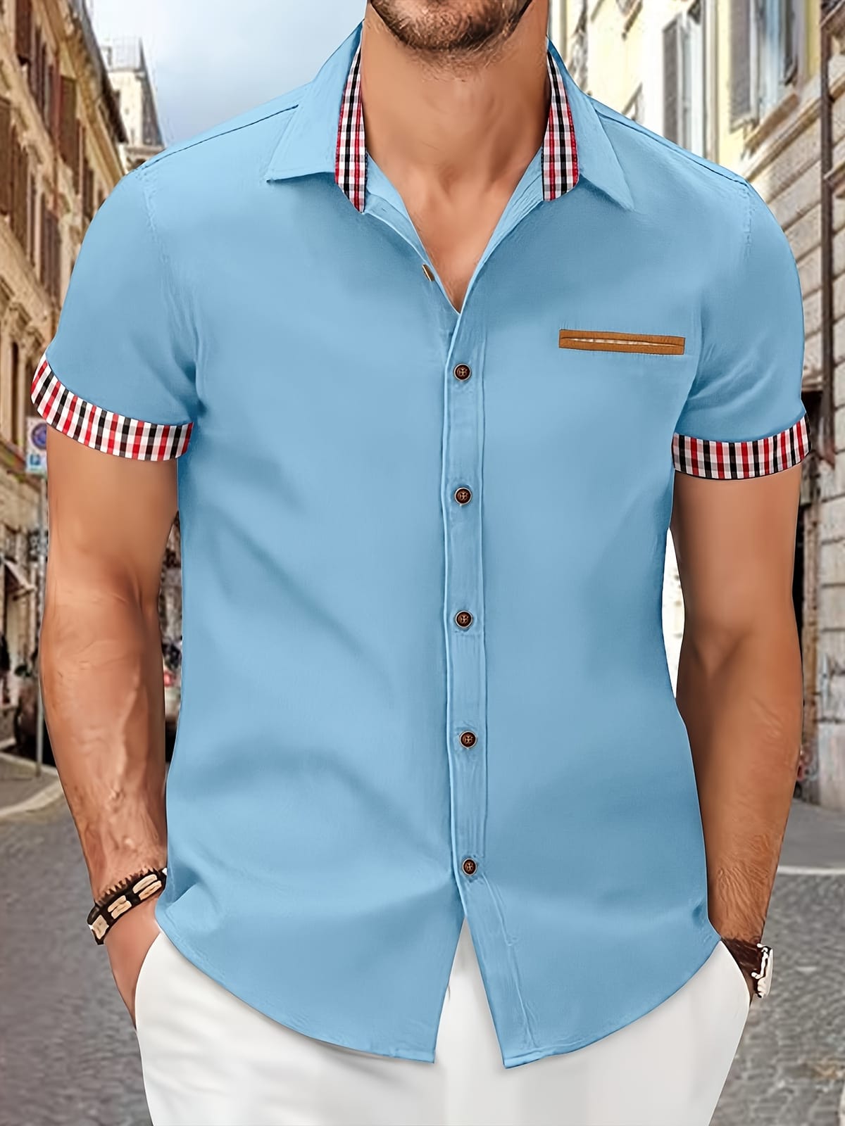 Checkered men's short sleeve button down shirt with fake chest pockets, summer outdoor casual wear for men