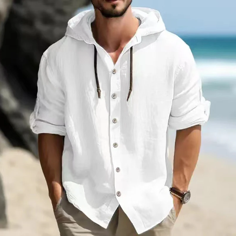 Summer Men's Linen Shirt Solid Streetwear Long Sleeve Hoodie Cardigan Clothing For Men Button Tops Casual Loose Men Hooded Shirt