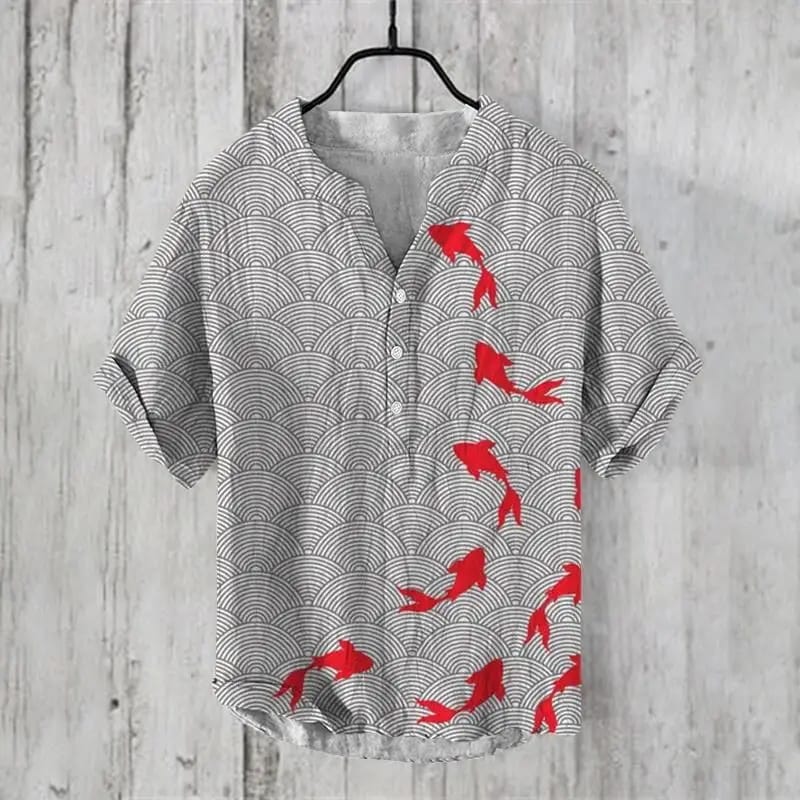 V-neck summer men's short sleeved 2024 new product 3D digital printed pullover 3-breasted shirt social casual Chinese style top