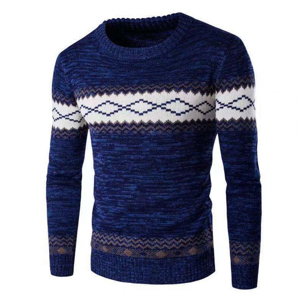 Winter Knitted Sweater Geometric Print Ethnic Style Men's Sweater Warm Slim Fit Knitted Pullover for Fall/winter Men Slim Fit