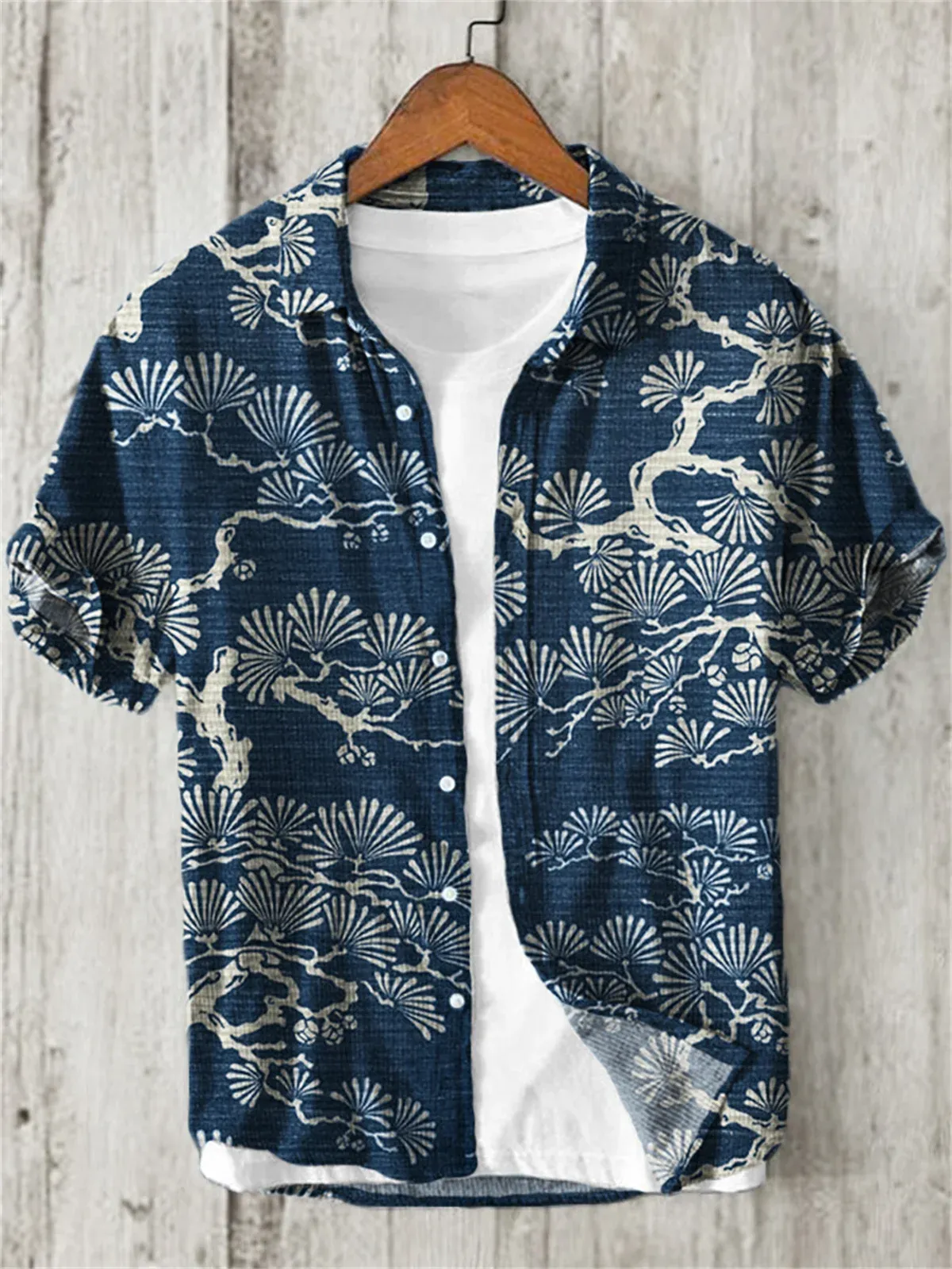 Men's Short Sleeve Linen Shirt, Retro Pine Printed Collar Shirt, Fashionable Casual Outdoor Top, High Quality, Summer, New, 2024