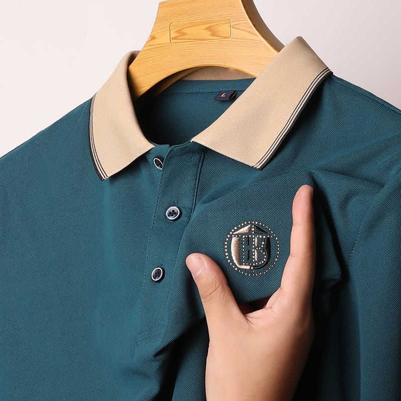 New Men's Lapel Cotton Linen Breathable Long Sleeve POLO Shirt Fashion Letter B Embroidered Shirt
