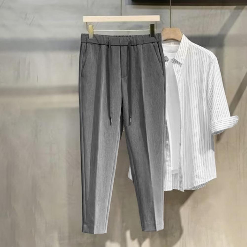Spring Summer Men's Casual Pants Suit Pant Slim Fit Work Elastic Waist Jogging Business Trousers Male Black Grey Plus Size