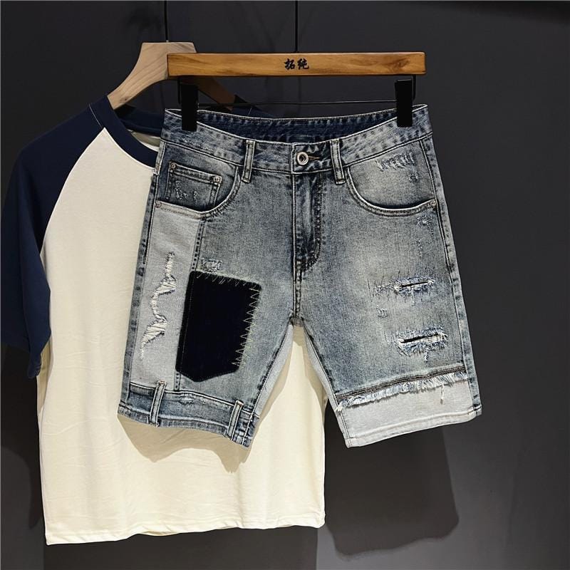 New Korean Style Clothes Korean Luxury Clothing Men's Knee-Length Spliced Cowboy Denim Shorts Stretch Casual Short Jeans Man