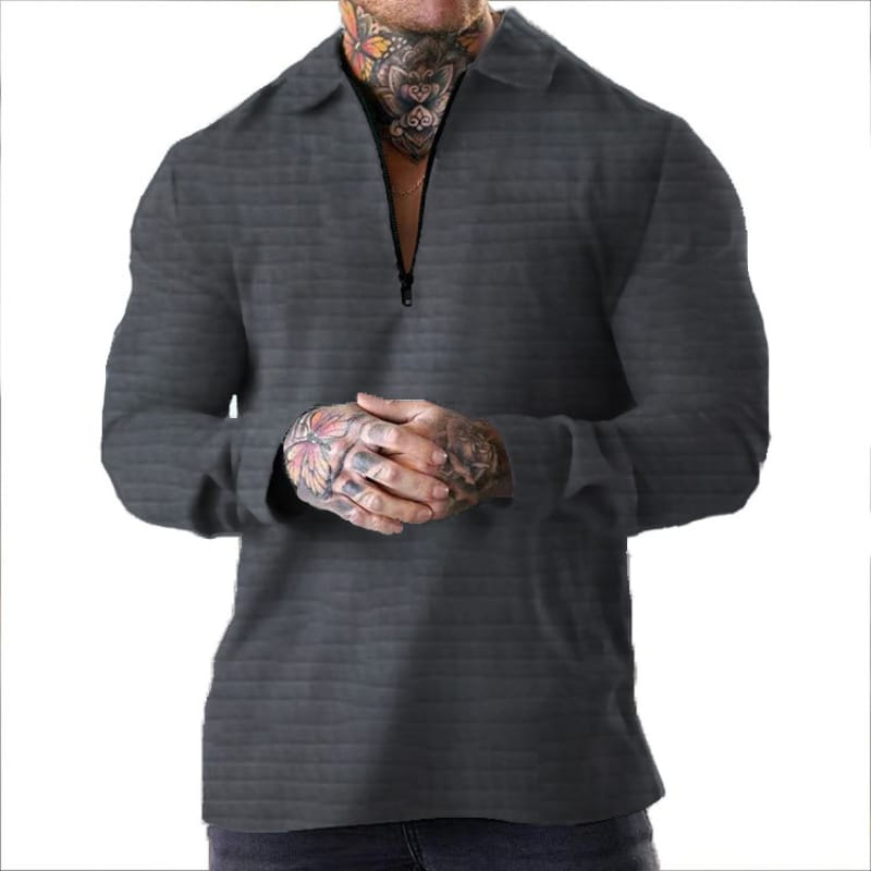Men's Jacket Waffle Solid Color Zippered Long Sleeved Jacket Casual Lapel Cardigan