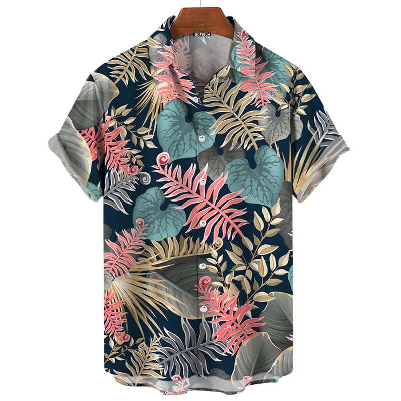 Tropic Leaf Print Shirts Men Fashion Hawaiian Shirt Casual Vocation Beach Blouse Aloha Lapel Shirt Cuba Blouses Men's Clothing