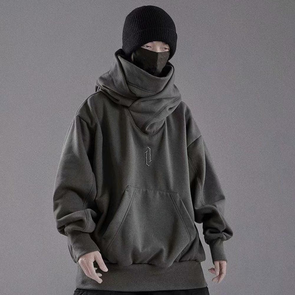 Solid Color Pullover Tops Men's Autumn Streetwear Hoodie with Big Front Pocket Loose Fit Long Sleeve Sweatshirt Stand for Winter