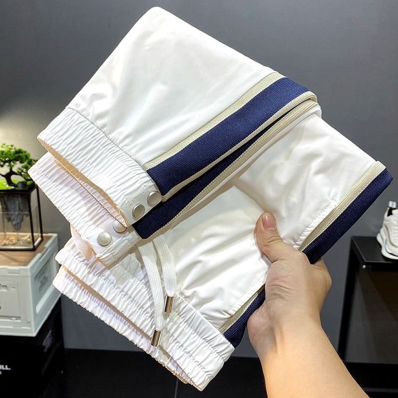 Summer Ice Silk Foot Binding Sports Men's 2024 New Style Spliced Trendy Fashion Contrast Pocket Ribbon Versatile Casual Pants