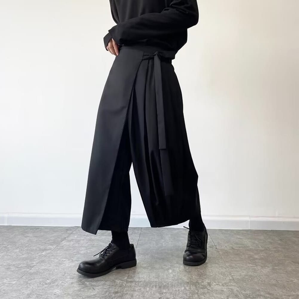 Fashion Retro Men's Elastic Waist Wide Leg Cargo Pants Casual Loose Multi-pocket Long Trousers Man Pantskirt