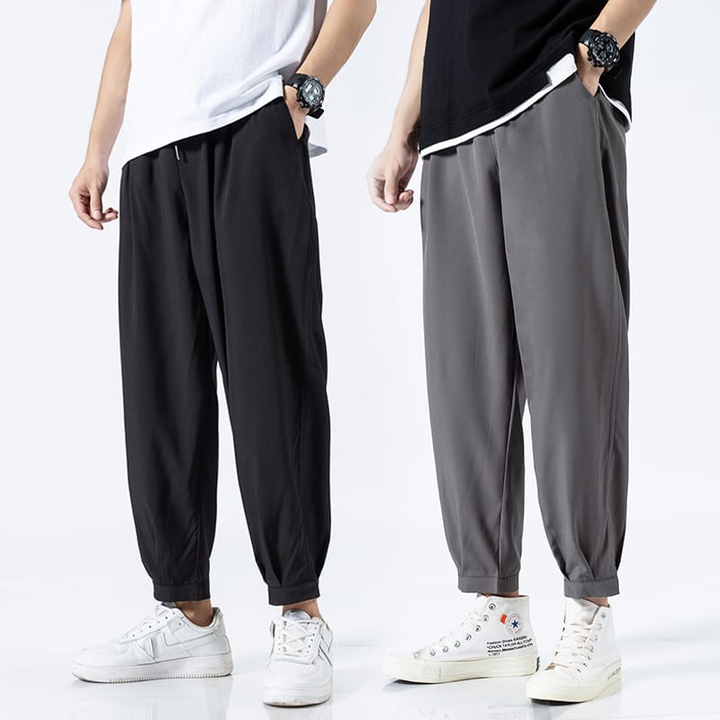 New Ice Silk Casual Pants Men's Trousers Loose Quick Dry Trousers Summer Ultra-thin Style Nine Points Pants