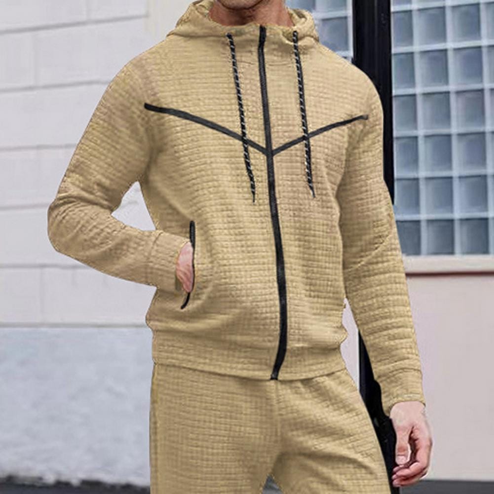 Long-sleeve Men Top Men's Autumn Winter Hooded Sweatshirt with Zipper Placket Waffle Texture Sport Coat Jogging Suit Fitness