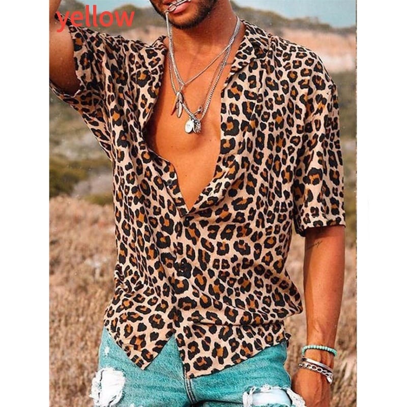 New Leopard Print Men's Shirt Business Work Luxury Brand Short Sleeve Top