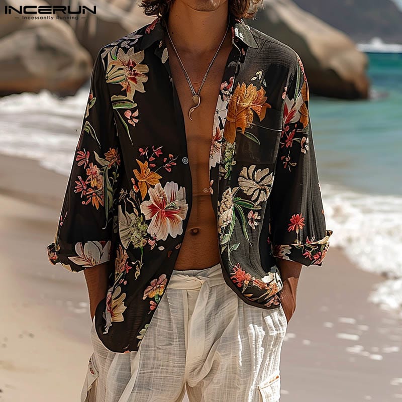 Fashion Casual Style Style Tops INCERUN 2024 Men's Floral Printing Shirts Streetwear Hot Sale Three-quarter Sleeve  Blouse S-5XL