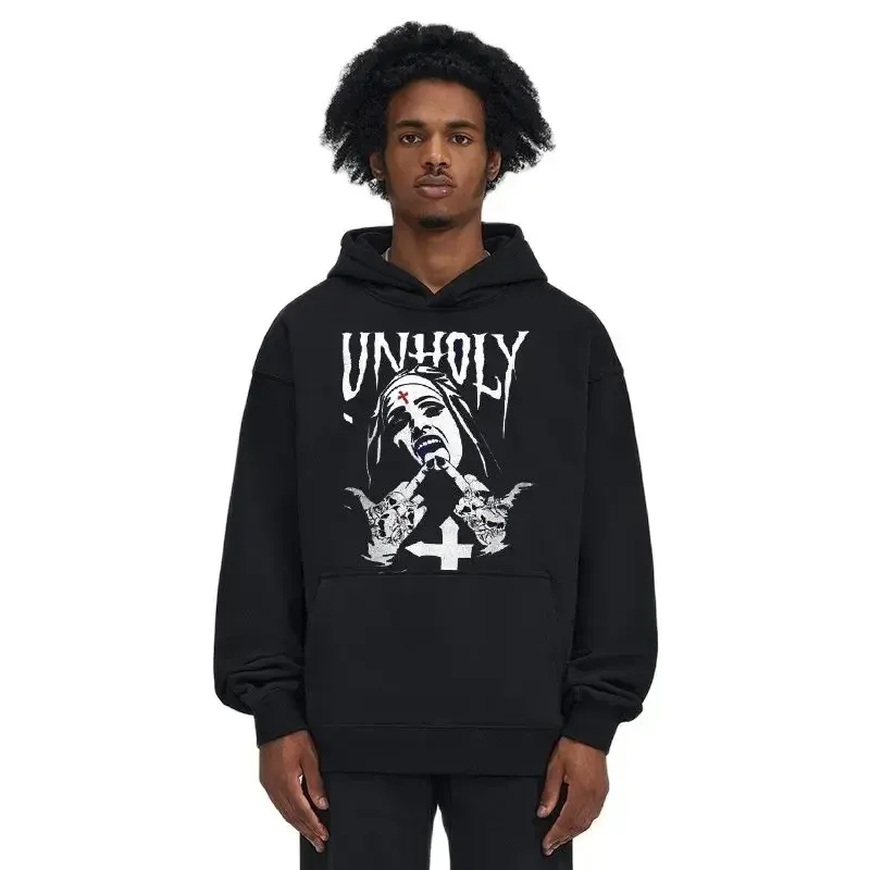 Harajuku Autumn and Winter Casual Long-sleeved Top  Antisocial Men's Hoodie Street Hip-Hop Nun Print Fleece Sweater