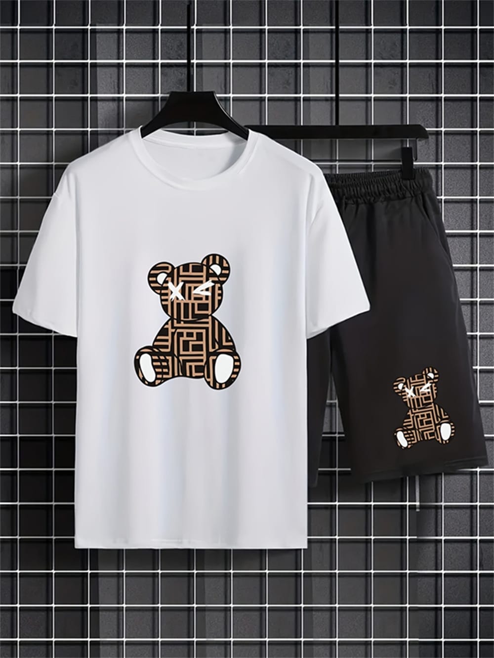 Men's T-shirt 2 Piece Set Cartoon Cute Brown Bear Printed T-shirt Set Short Sleeve T-shirt And Casual Shorts Summer Men's Wear