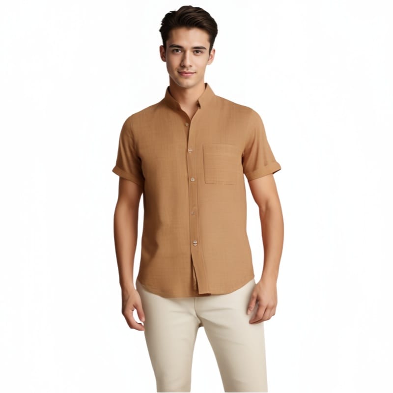 Summer Men's Solid Color Stand Up Collar Shirt Top Oversized Fashion Casual Short Sleeve Slim Fit Pocket Shirt