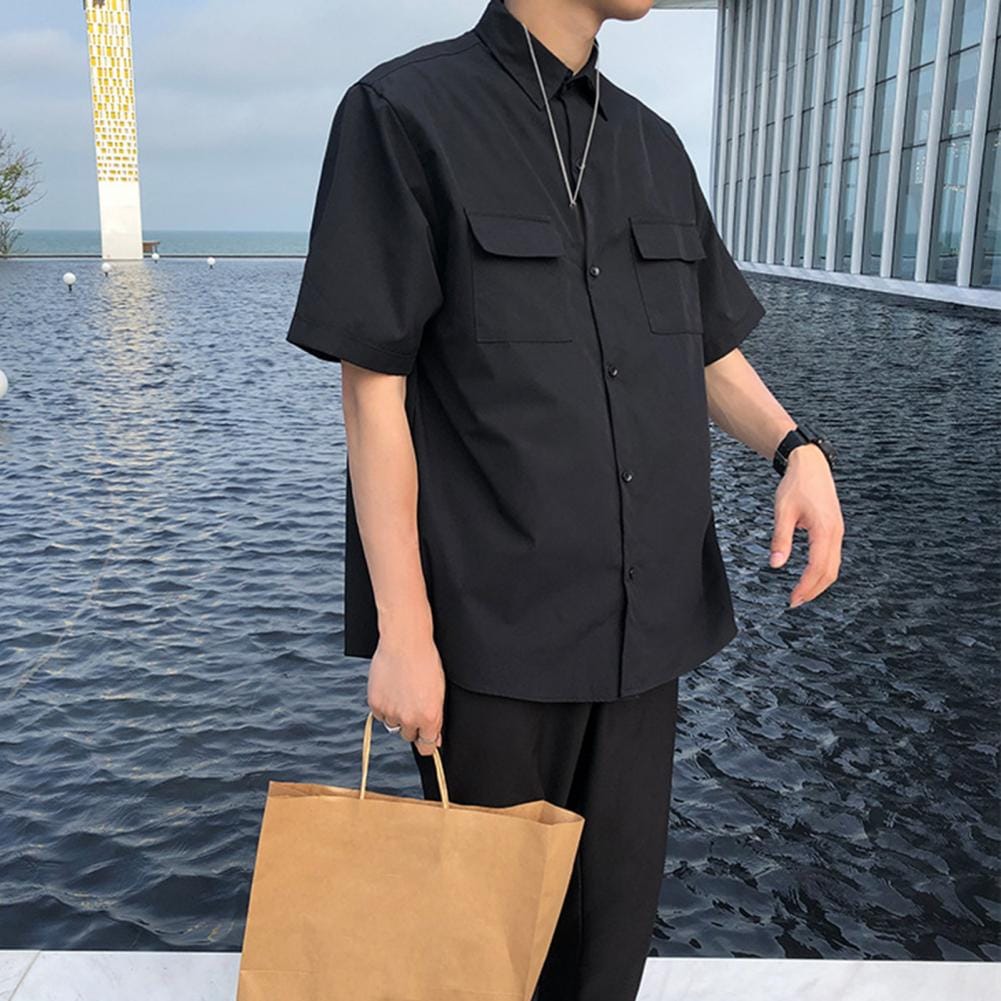 Men Casual Shirt Men's Loose Fit Cargo Shirt Stylish Streetwear for Summer Spring for Office Commute Lapel Short Sleeve Shirt