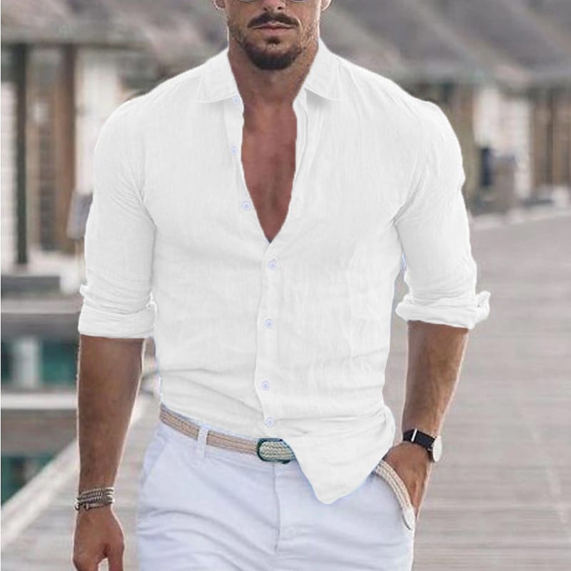 New summer men's fashion trend cotton linen lapel beach shirt long sleeve solid color holiday clothing top