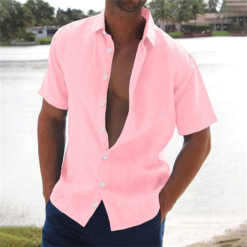 2024 summer explosive men's fashion casual cotton linen lapel knit slim solid color cardigan short-sleeved men's shirt