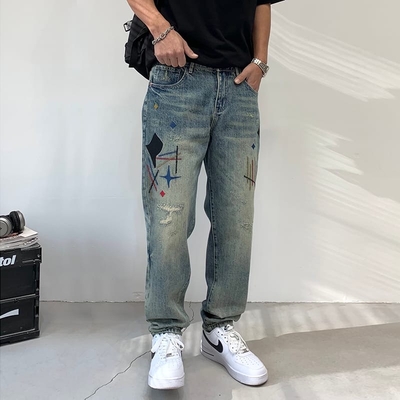 Straight Jeans Men's High Street Fashion Brand Vintage Print Loose Street Fashion Personality Teenagers Casual Versatile Trouser