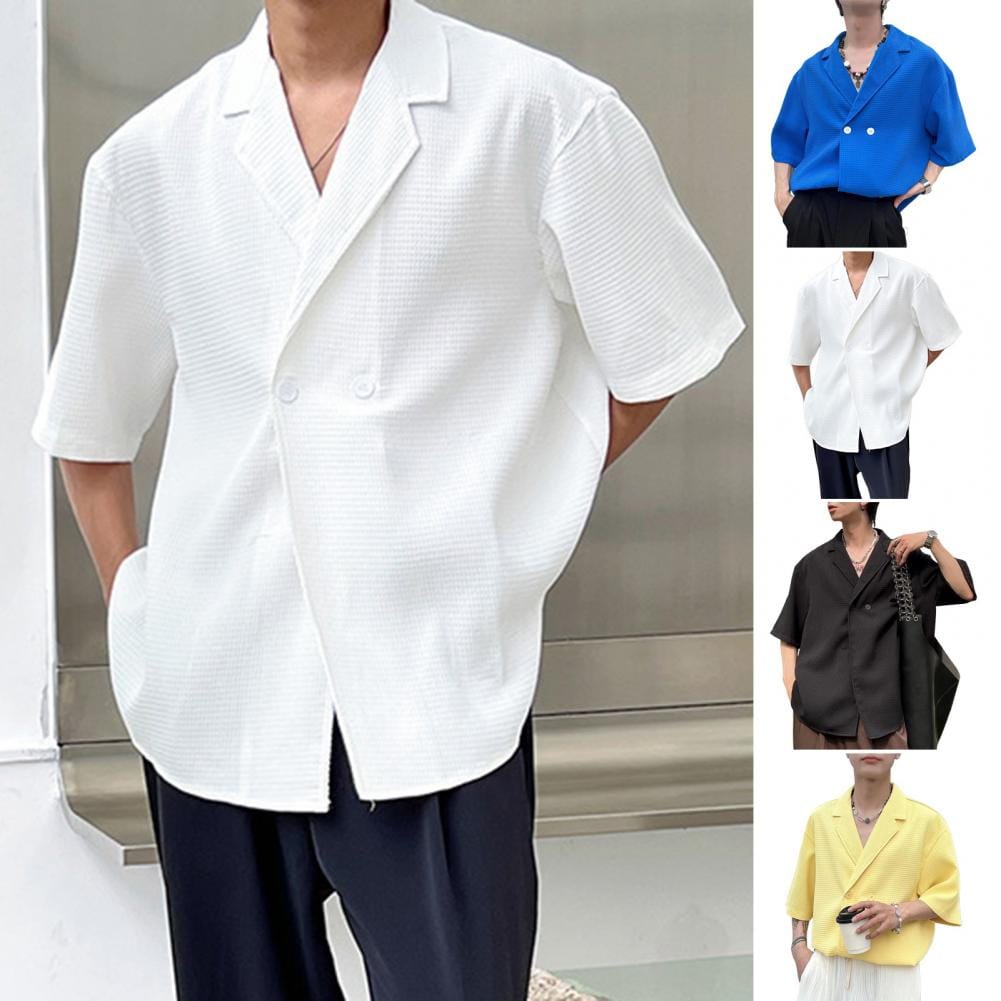 Button-up Shirt Men's Summer Waffle Texture V Neck Shirt with Buttons Soft Breathable Quick-drying Pullover for Fitness Business