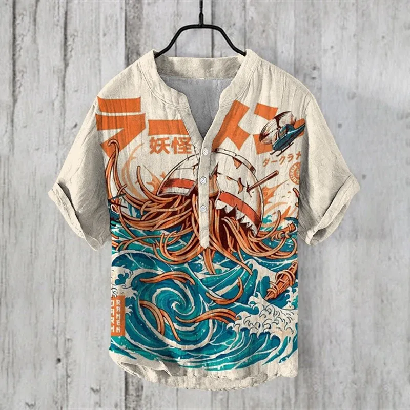2024 Summer Fashion Wave Short sleeved Men's Sushi Shirts Standing Collar Hawaiian Style Men's Vacation Shirts Short sleeved